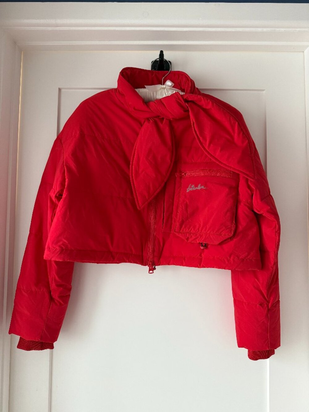 Bimba Y Lola Red Cropped Puffer Jacket w Scarf Utility Pocket XS